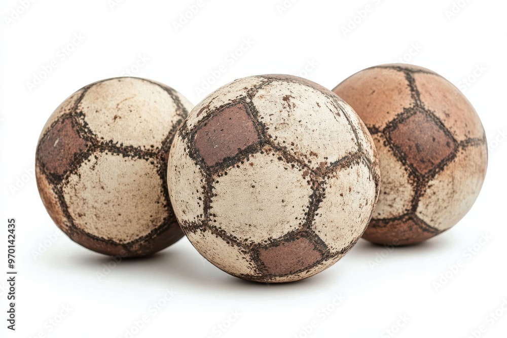 Three dirty handball balls placed in a line on a white background Three dirty handball balls placed in a line on a white background