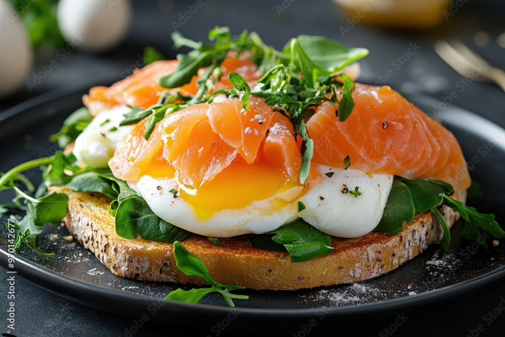 Upscale morning meal with poached eggs salmon greens and gluten free toast for restaurant menu branding Upscale morning meal with poached eggs salmon greens and gluten free toast for restaurant menu branding