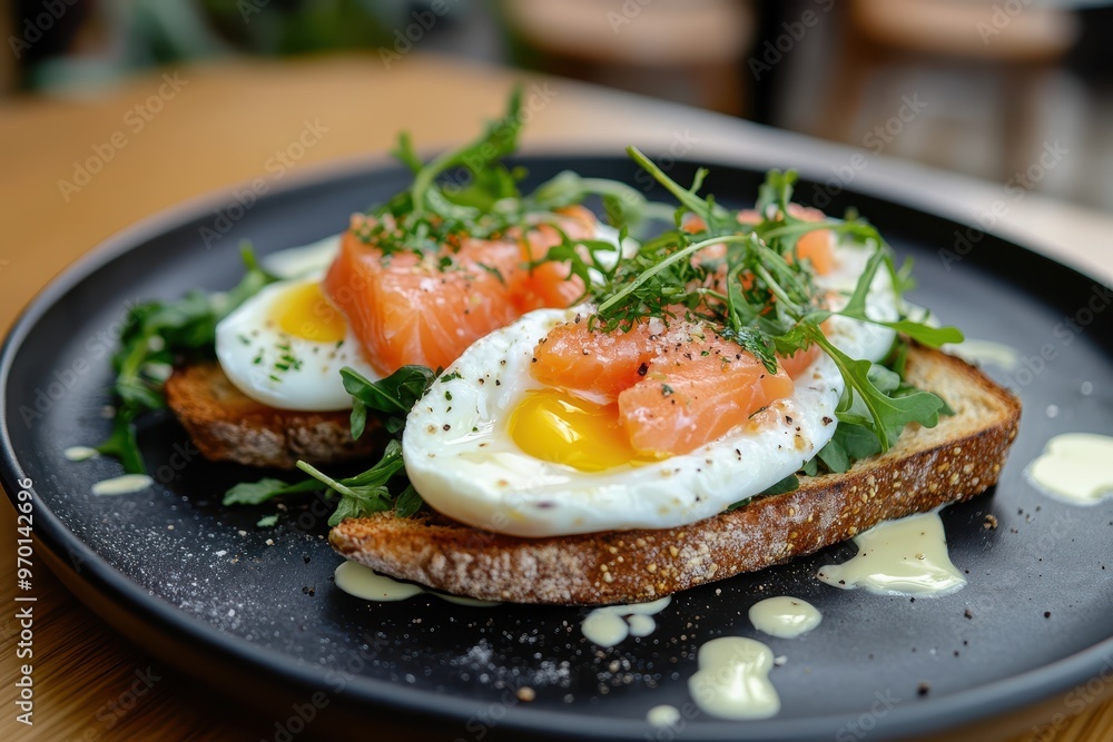 Upscale meal with poached eggs salmon and greens on gluten free toast for restaurant menu Upscale meal with poached eggs salmon and greens on gluten free toast for restaurant menu