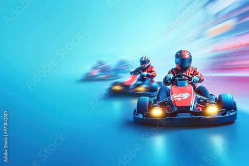 Three kart riders race indoors on blue background Fast cart racing with speed banner and copy space