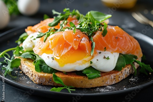 Upscale morning meal with poached eggs salmon greens and gluten free toast for restaurant menu branding