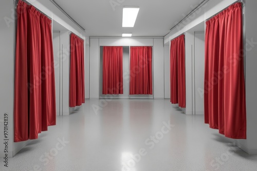 Vacant dressing rooms in store with red curtains white walls and no customers photo