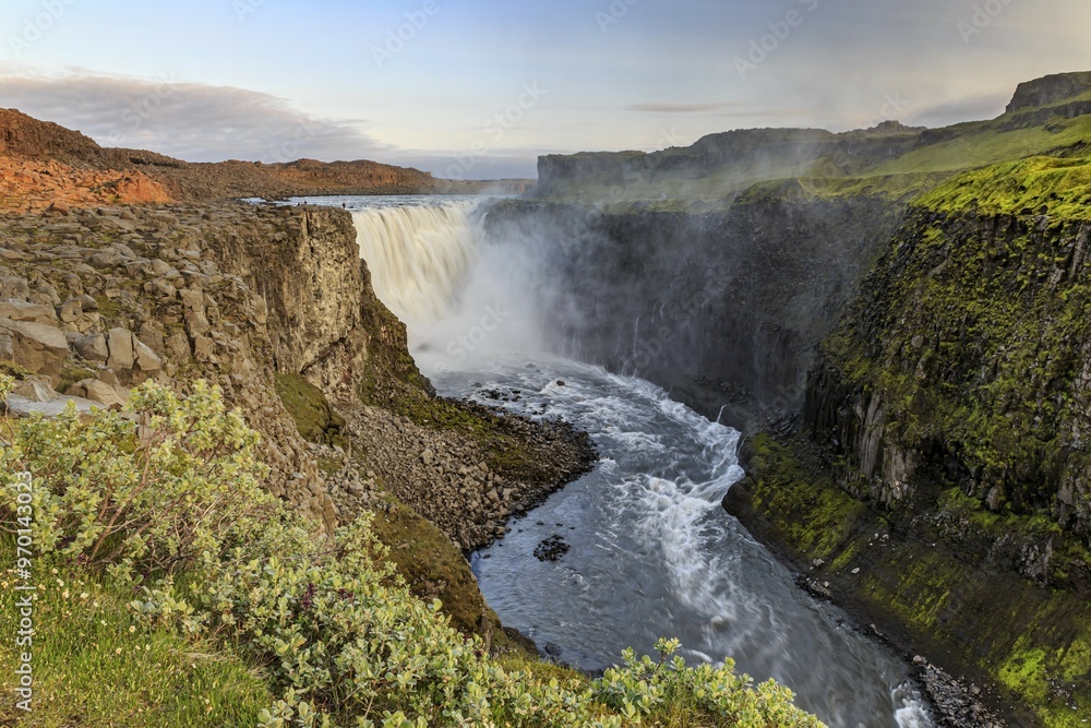 Large waterfall in a gorge, spray, rapids, summer, midnight sun, Dettifoss, North Iceland, Iceland, Europe Large waterfall in a gorge, spray, rapids, summer, midnight sun, Dettifoss, North Iceland, Iceland, Europe