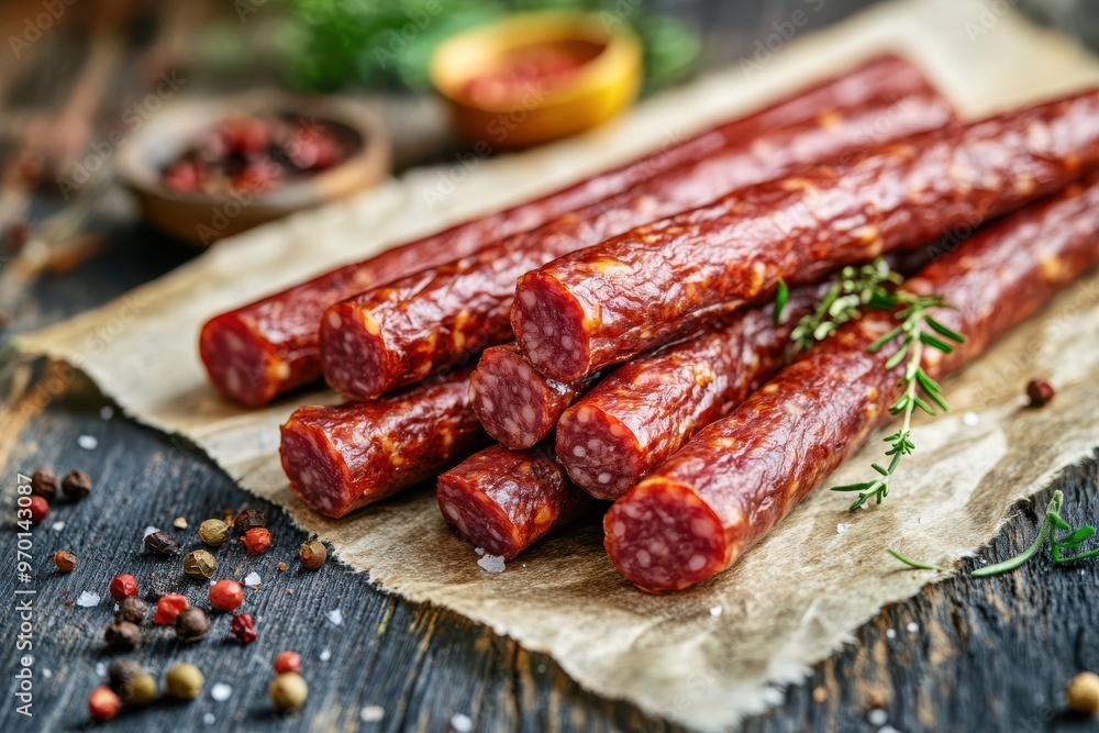 Variety of cured meats on paper Perfect for snacking with beer High quality food image