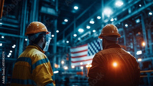 Two construction workers wearing safety helmets and face shields stand in an industrial setting with a flag in the background.