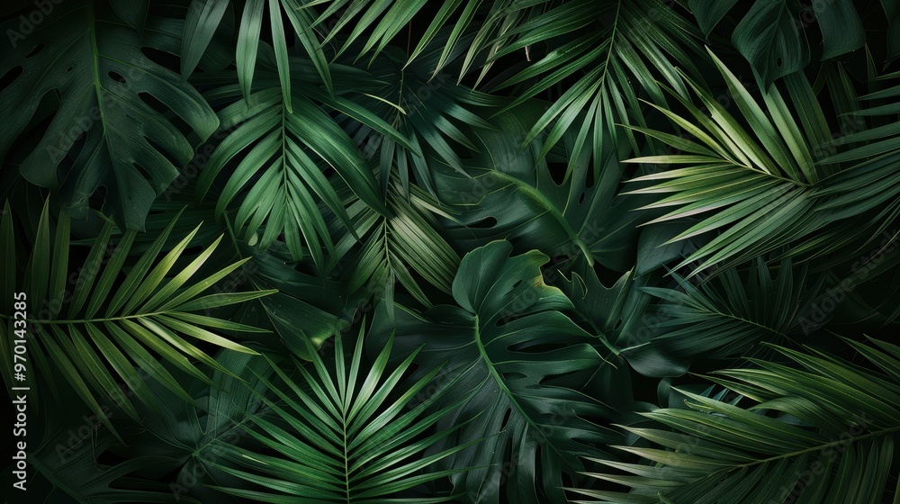 Tropical backdrop featuring palm leaves and jungle plants, ideal for summer-themed designs Tropical backdrop featuring palm leaves and jungle plants, ideal for summer-themed designs
