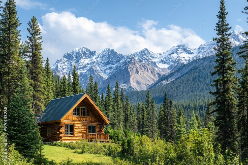 A delightful log cabin set in a lush green setting, with towering snow-capped mountains in the background, offering a picturesque and relaxing environment. A delightful log cabin set in a lush green setting, with towering snow-capped mountains in the background, offering a picturesque and relaxing environment.