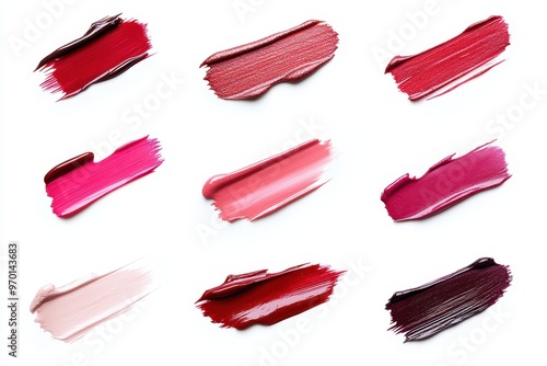Various lipstick and nail polish strokes individually photographed on white background