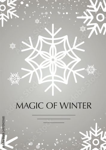  Elegant winter themed design with soft gray background, white snowflakes, for printed or digital flyers advertising holiday sales, winter workshops, Christmas parties, or New Year events.