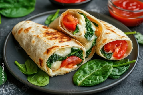 Vegan breakfast with pita spinach cheese tomatoes and ketchup on a plate Healthy eating