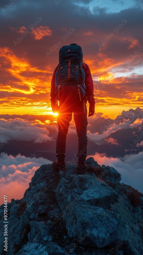 silhouetted hiker on mountain ridge dramatic sunset sky rugged terrain sense of adventure and accomplishment silhouetted hiker on mountain ridge dramatic sunset sky rugged terrain sense of adventure and accomplishment