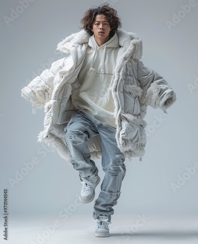 Dynamic fashion shot of a model mid-jump, wearing an oversized white puffer coat, ripped jeans, and white sneakers