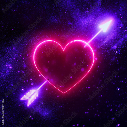 Heart pierced by an arrow, neon color, dark background