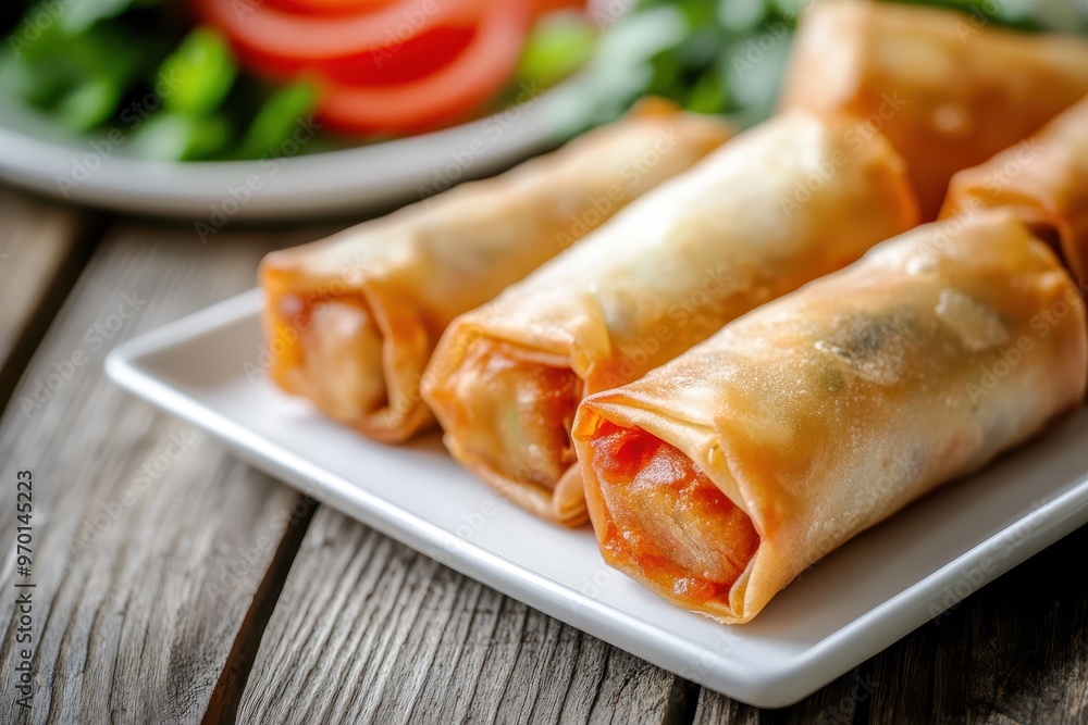 Vegetable spring rolls on wooden table with selective focus Vegetable spring rolls on wooden table with selective focus