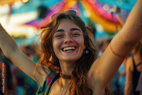 A woman with long hair is smiling and dancing in a crowd, generative ai image