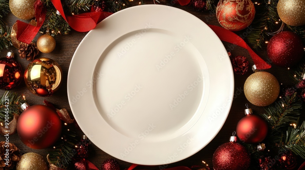 Festive Christmas Table Setting with Ornaments and Glittering Decorations Festive Christmas Table Setting with Ornaments and Glittering Decorations