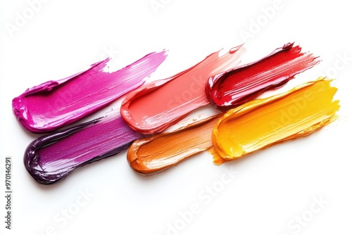 Vibrant lip gloss samples on white background with text Beauty and makeup idea