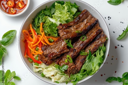 Vietnamese beef Bo bun bowl with salad pork ribs and herbs on white background photo