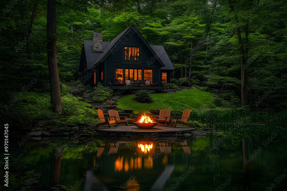 Fototapeta premium Cozy cabin by the lake with a fire pit.