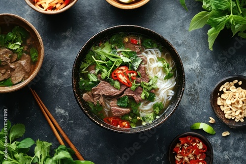 Vietnamese beef noodle soup with herbs and chili national dish of Vietnam