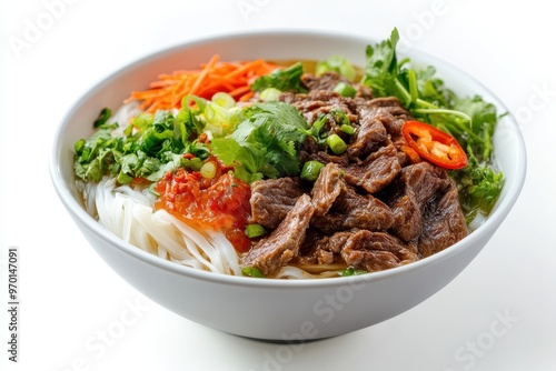 Vietnamese beef noodles on white background