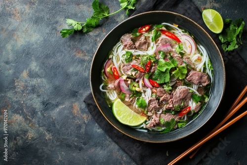 Vietnamese beef noodle soup with lime herbs and chilli on dark wooden table Vietnam s favorite dish photo