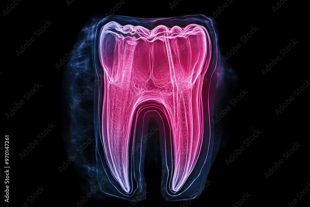 This imagery presents a luminous tooth with distinct red internal segments, showcasing the intricate anatomical layers and structures within the tooth using advanced imaging technology. This imagery presents a luminous tooth with distinct red internal segments, showcasing the intricate anatomical layers and structures within the tooth using advanced imaging technology.