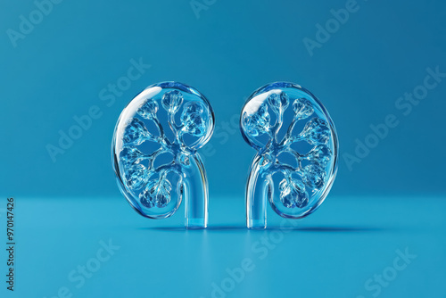 artistic representation of human kidneys in glass on blue background