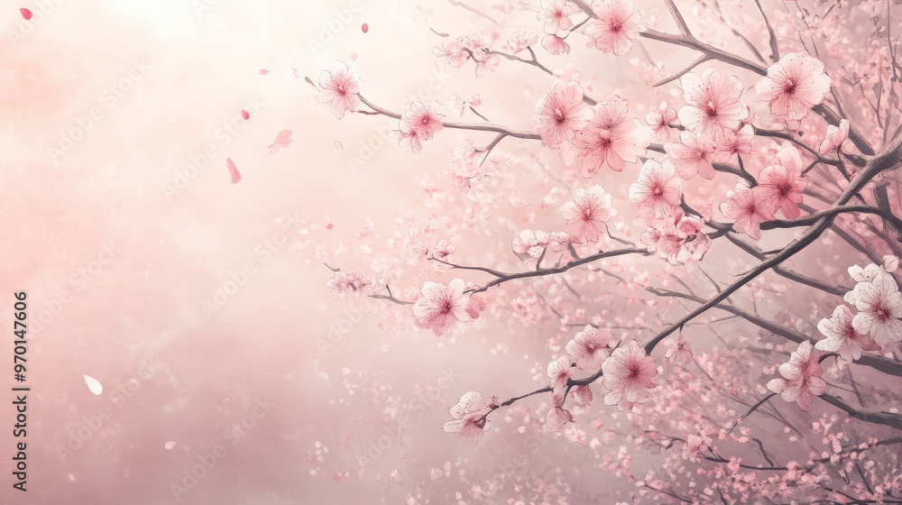 Serene Spring Blossoms: Delicate Illustration of Soft Pink Cherry Blossoms in Bloom Serene Spring Blossoms: Delicate Illustration of Soft Pink Cherry Blossoms in Bloom