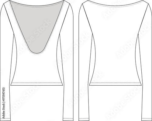 deep u neck scoop neck long sleeve low cut cutout fit blouse yop template technical drawing flat sketch cad mockup fashion woman design style model
