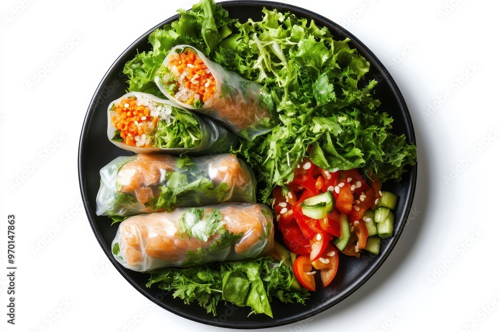 Vietnamese dish Fresh Tuna spring roll with veggies in black plate on white background Vietnamese dish Fresh Tuna spring roll with veggies in black plate on white background