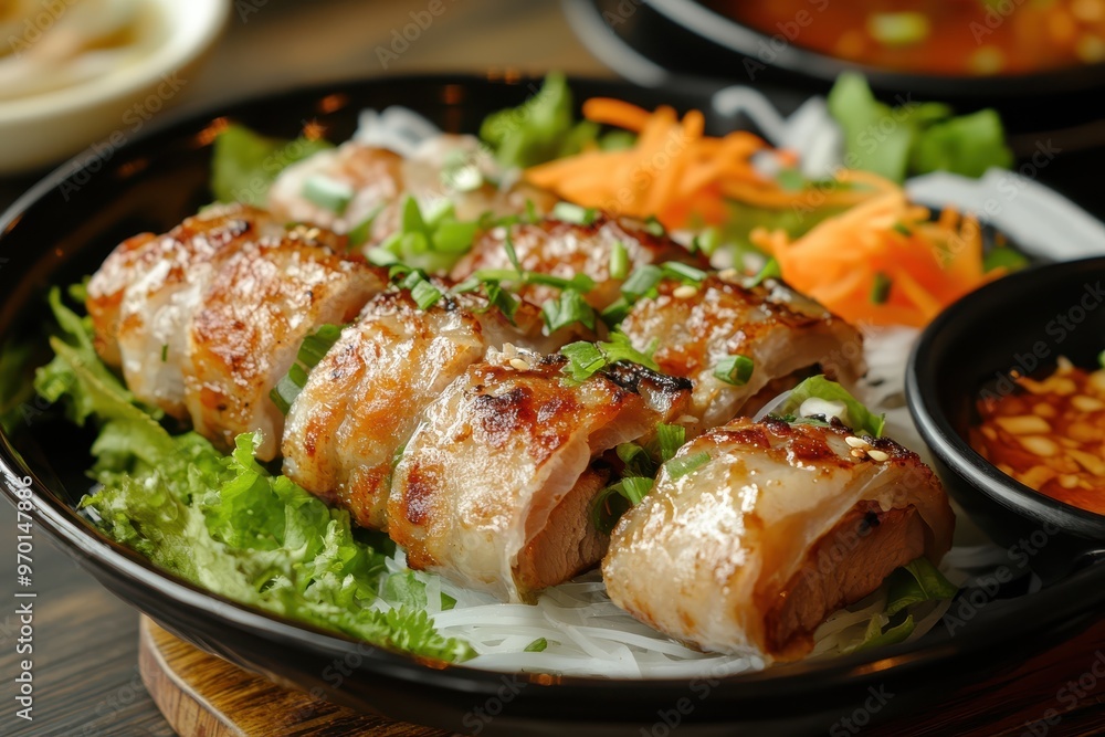 Vietnamese dish Nem Cuon Wrap with grilled pork veggies herbs and sauce Vietnamese dish Nem Cuon Wrap with grilled pork veggies herbs and sauce