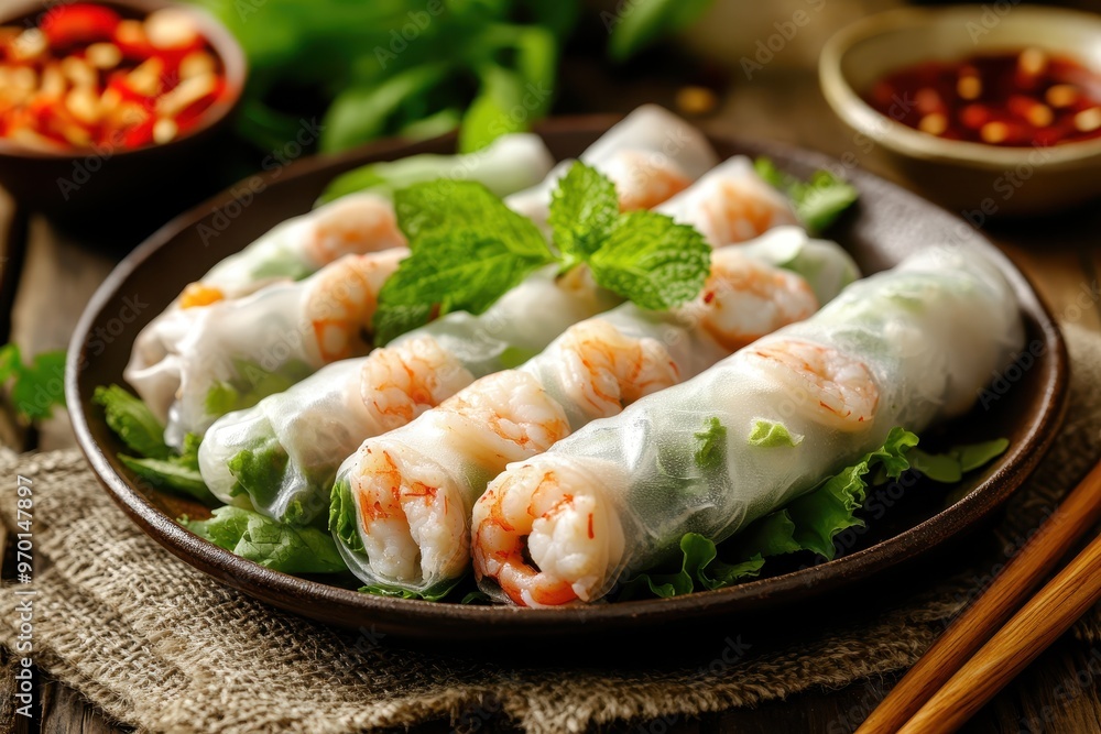 Vietnamese dish with pork shrimp vegetables and bún wrapped in rice paper Vietnamese dish with pork shrimp vegetables and bún wrapped in rice paper