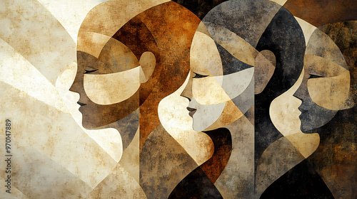 A textured illustration with cubist influences, depicting the abstract profiles of a family, resonating with warmth and togetherness. Cubist. Illustration