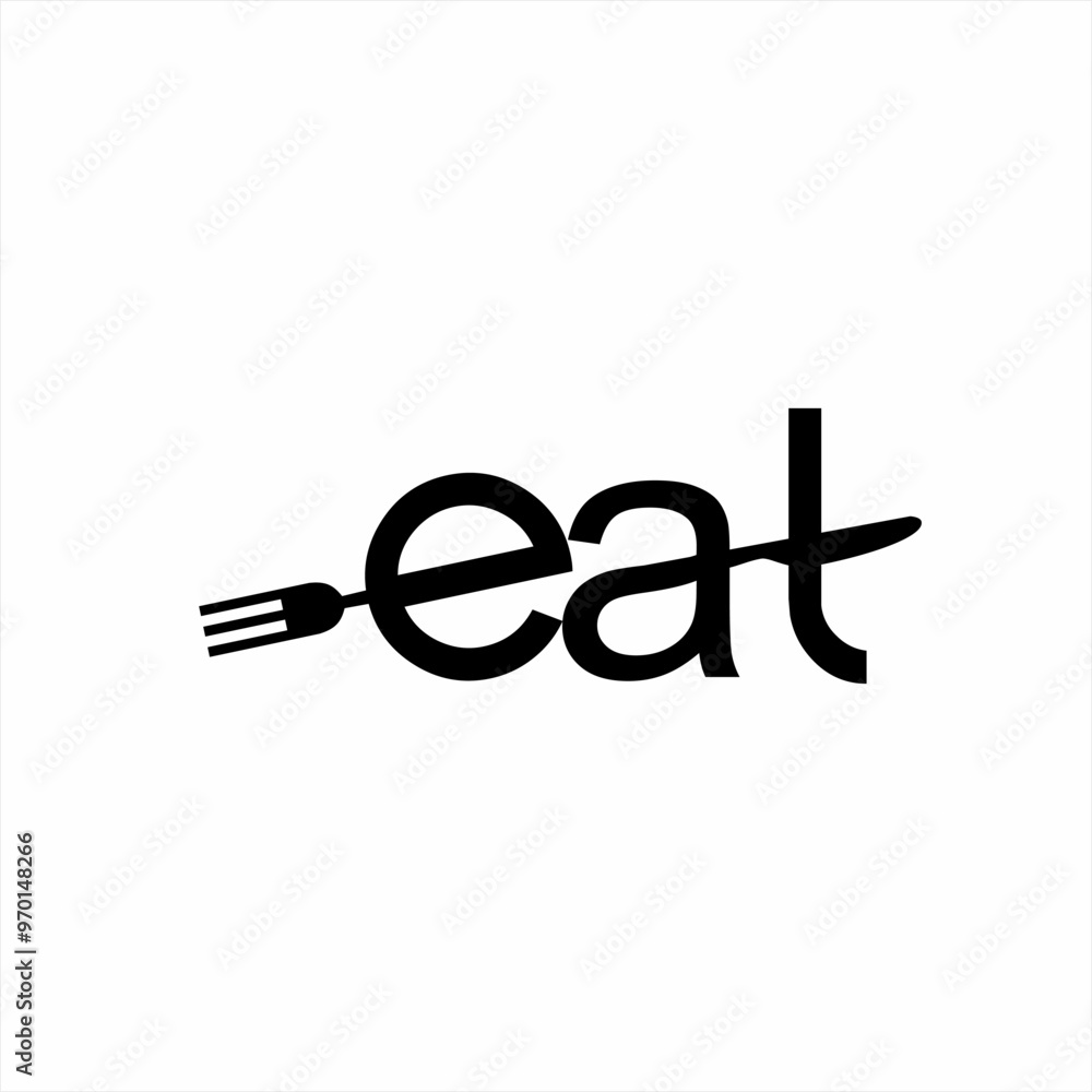 Eat text logo design with fork symbol illustration on letter E and knife on letter A and T. Eat text logo design with fork symbol illustration on letter E and knife on letter A and T.