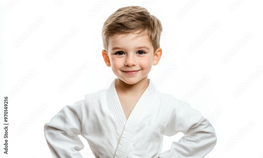 Young Caucasian child on white background doing karate pose with arms on hips and smiling Young Caucasian child on white background doing karate pose with arms on hips and smiling