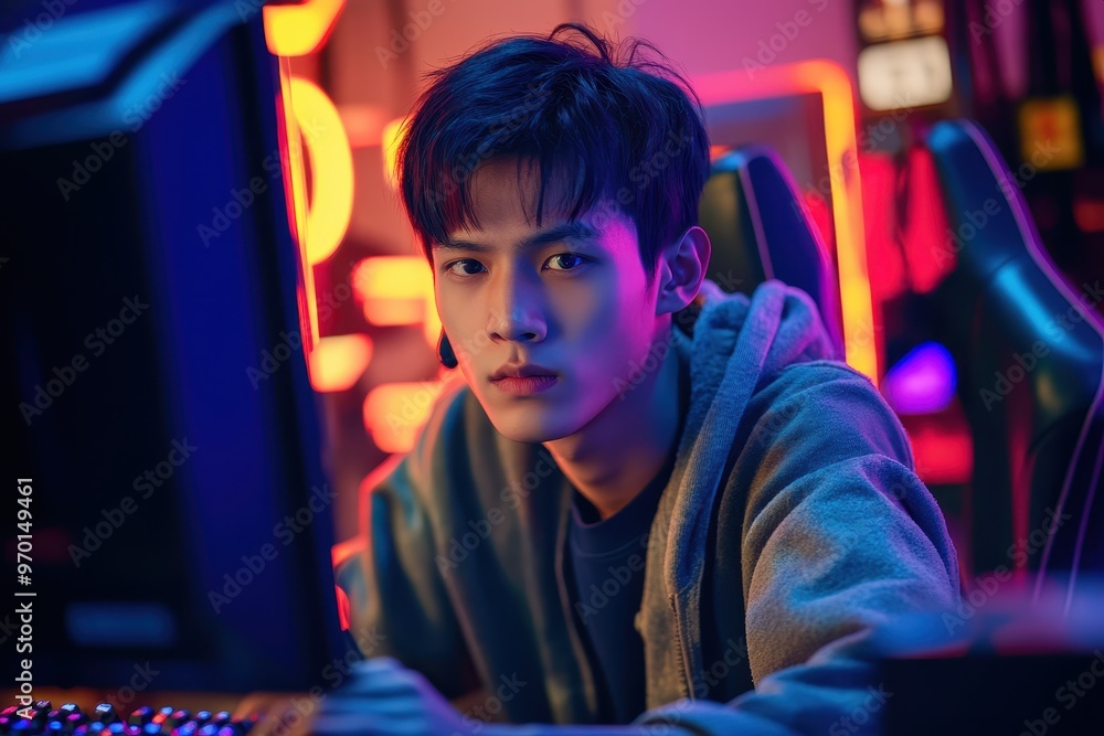 Young confident Asian man streams colorful lighting while playing online computer video game at home embodying gamer lifestyle and E Sport t Young confident Asian man streams colorful lighting while playing online computer video game at home embodying gamer lifestyle and E Sport t