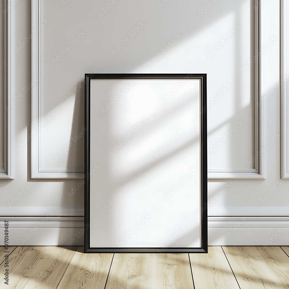 Blank Picture Frame Mockup on White Wall with Wooden Floor Blank Picture Frame Mockup on White Wall with Wooden Floor