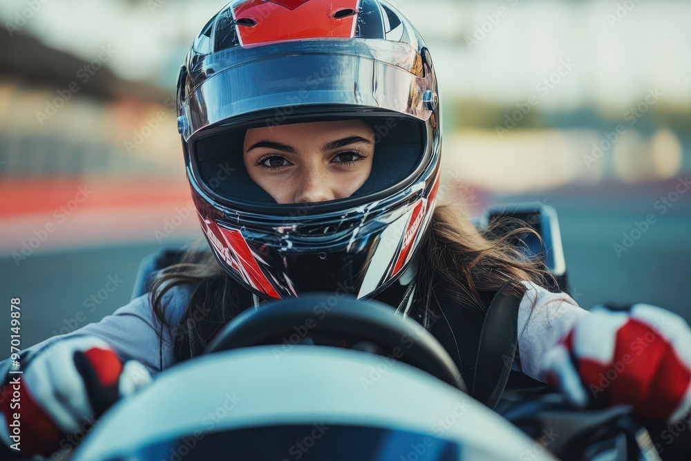 Young female kart racer at track Young female kart racer at track