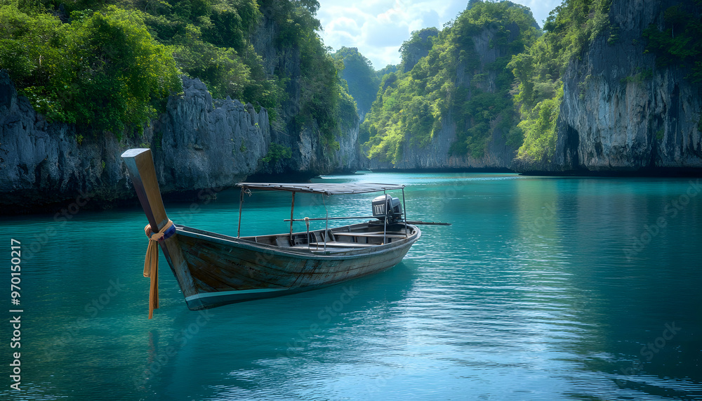 Longtail boat moored in a secluded bay with turquoise waters and lush green cliffs. Longtail boat moored in a secluded bay with turquoise waters and lush green cliffs.
