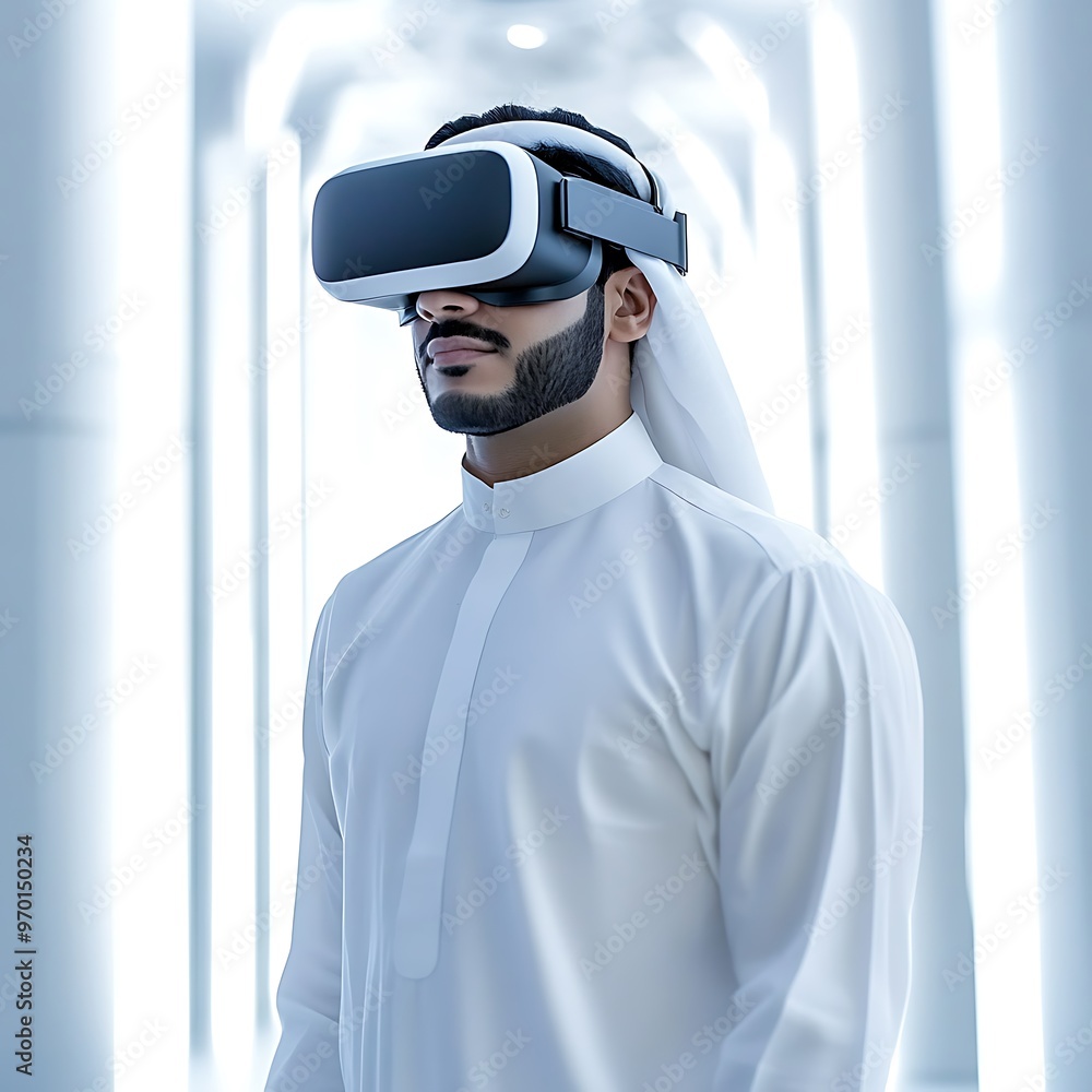 Arab man in VR headset exploring the metaverse, futuristic tech concept Arab man in VR headset exploring the metaverse, futuristic tech concept