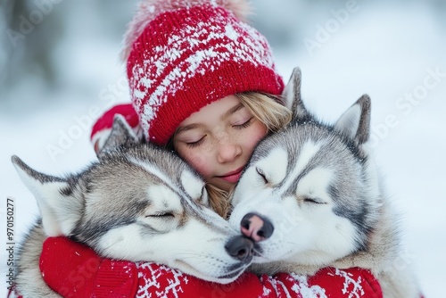 Young girl cuddling huskies outside in Lapland photo