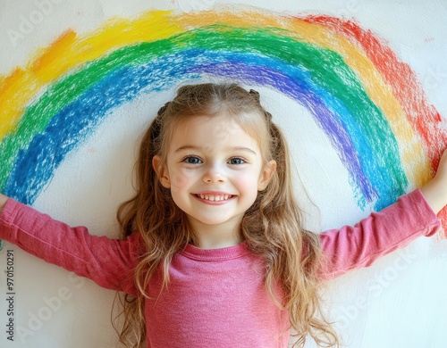 Young girl drawing rainbow on wall at home symbolizing hope during quarantine Smiling girl stay home photo