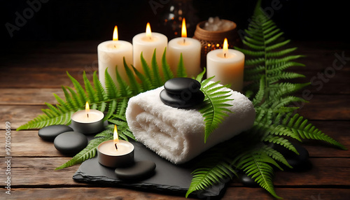 Towels in a massage salon, candles, tropical atmosphere.