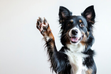 Happy dog giving a high five on white, with copy space area.