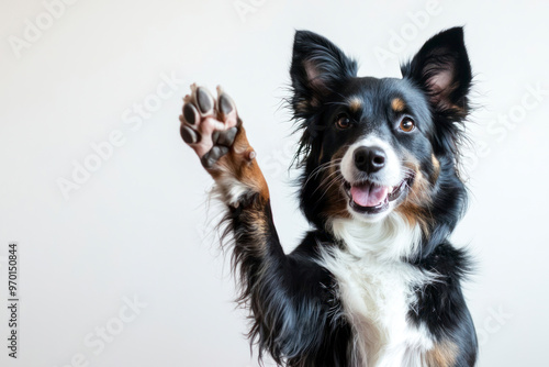 Obraz na płótnie Happy dog giving a high five on white, with copy space area. w salonie