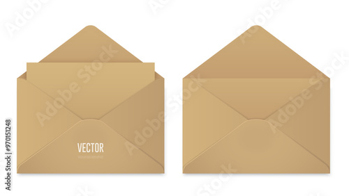 Craft paper opened envelope mockup template. Realistic brown envelope with empty letter for your design or business. Vector EPS 10