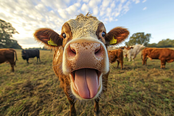 Wide angle photo of cow on the pasture with open mouth and tongue out of mouth. It's like she's trying to lick a camera.