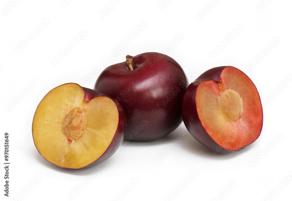 Red round Plum fruit isolated on white background Red round Plum fruit isolated on white background