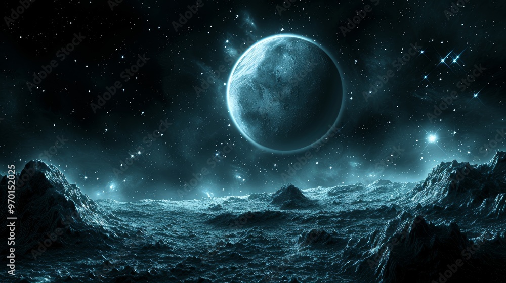 Alien Horizon, Distant Moon in a Cold Galaxy Exploration and Celestial Wonders of the Milky Way. Alien Horizon, Distant Moon in a Cold Galaxy Exploration and Celestial Wonders of the Milky Way.